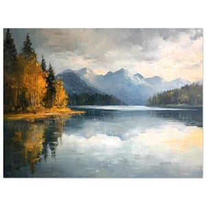 VERSIÓN DE PÓSTER Pintura al óleo de Forest Lake, lago de montaña, decoración de pared rústica, vista panorámica, atmósfera serena, entorno tranquilo,