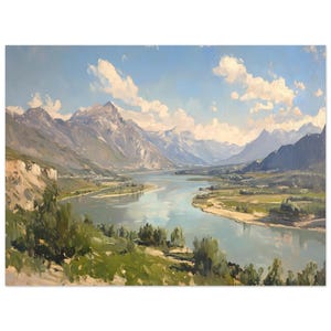 POSTER VERSION Serene Fluss Ölgemälde, Berg Kulisse, weite Wildnis, fließende Fluss Wand Kunst, Malerische Aussicht, rustikale Wohnkultur
