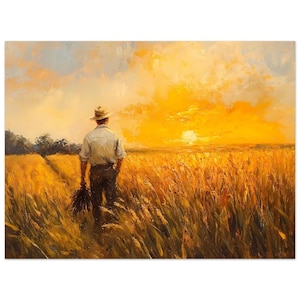 POSTER VERSION Bauer im Feld Vintage Ölgemälde, Sonnenuntergang am Horizont, Herbsternte, orangefarbener Himmel, Landschaft am Abend