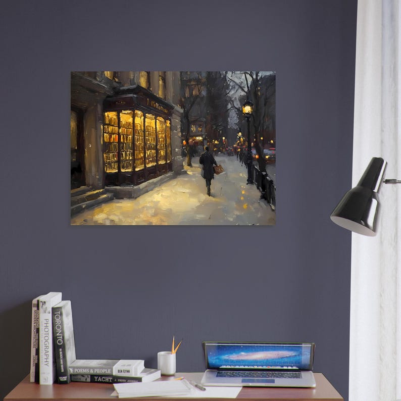 POSTER VERSION Glowing Bookstore on Street Oil Painting, Quaint Library ...