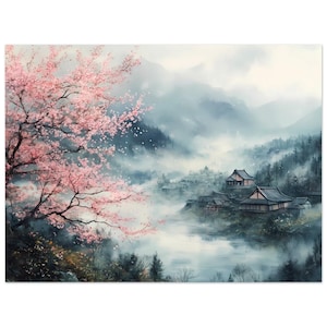 POSTER VERSION Japanischer Berg Ölgemälde, Kirschblüten, Wildnis Szene, natürliche Schönheit, Morgennebel, ländliche ruhige Umgebung