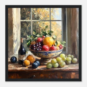 Dipinto ad olio di fruttiera / Vino e frutta classici / Natura morta dipinta d'epoca / Arredamento rustico per la casa / Arte di metà secolo / Arte murale antica