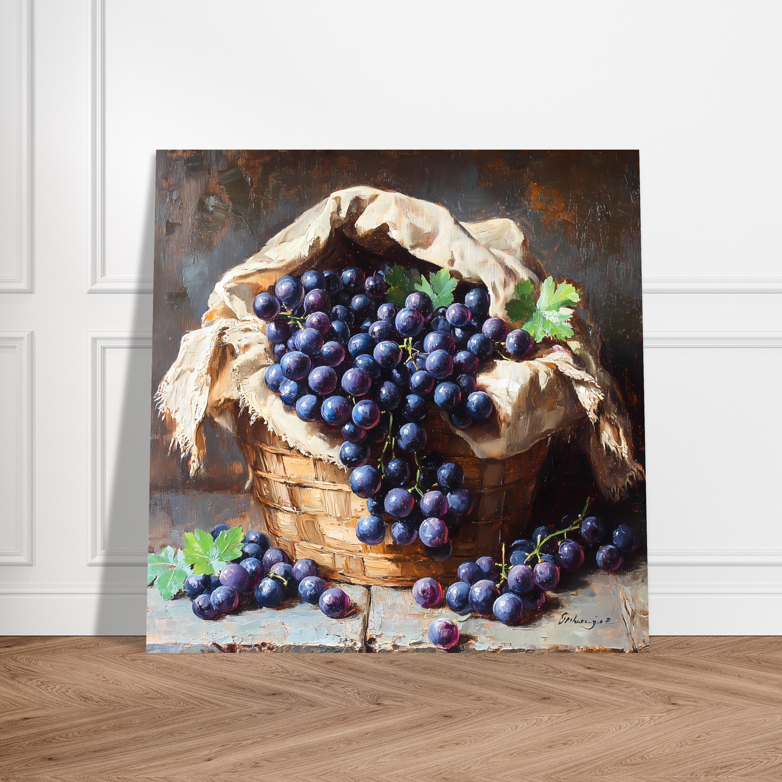 POSTER VERSION Grapes in Basket Oil Painting, Rustic Home Decor, Mid ...