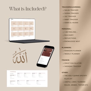 Overview page listing all features of the Ultimate Muslim Journal, including trackers, planners, finances and personal.