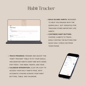 Customizable habit tracker focused on Quran-related habits with daily, weekly, and monthly views.