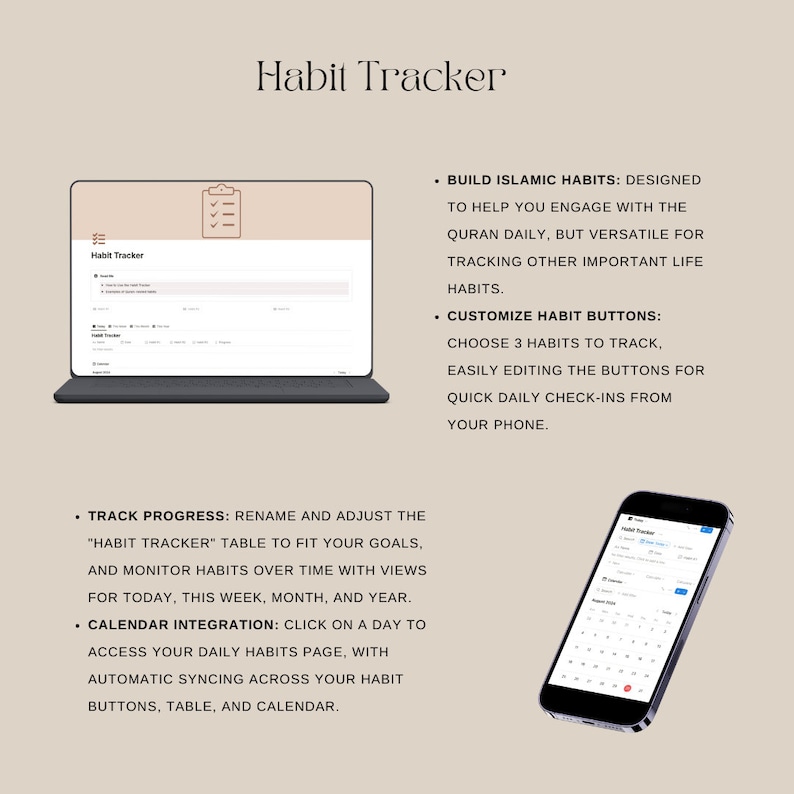Customizable habit tracker focused on Quran-related habits with daily, weekly, and monthly views.