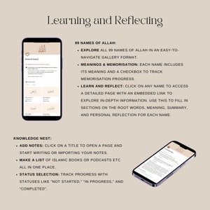 Gallery view of the 99 Names of Allah tracker with detailed information and Knowledge Nest notes section.