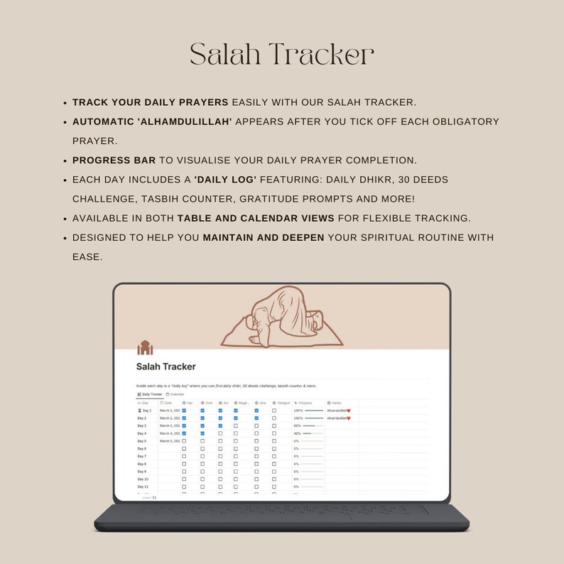 Salah tracker page in Notion for daily prayer logging and progress tracking.