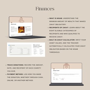 Finance management page with Zakat calculator and Sadaqah tracker for Islamic charity.
