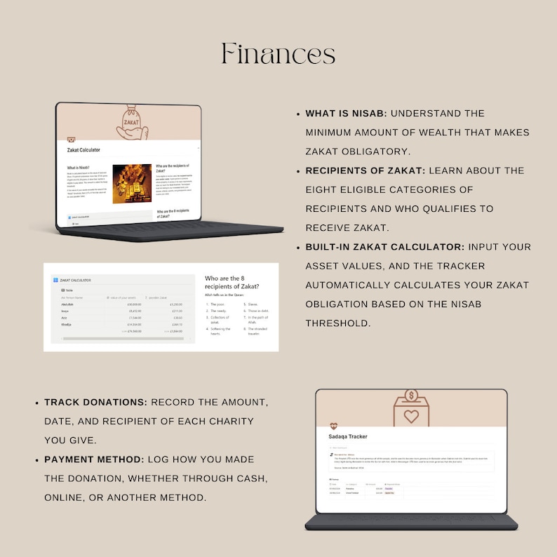 Finance management page with Zakat calculator and Sadaqah tracker for Islamic charity.