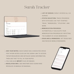 Surah tracker with Tafsir notes and memorization progress bar in Notion.