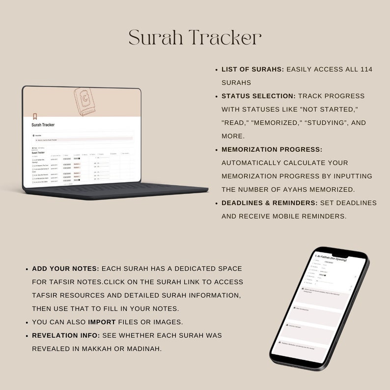 Surah tracker with Tafsir notes and memorization progress bar in Notion.