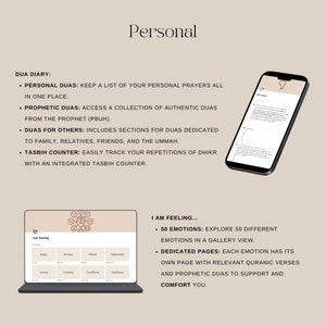 Dua diary page with personal and prophetic duas, and 'I Am Feeling' section with emotions and corresponding Quranic verses.