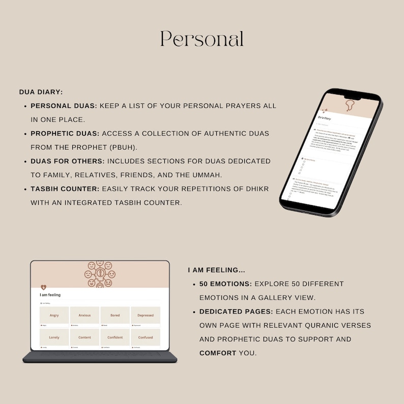 Dua diary page with personal and prophetic duas, and 'I Am Feeling' section with emotions and corresponding Quranic verses.