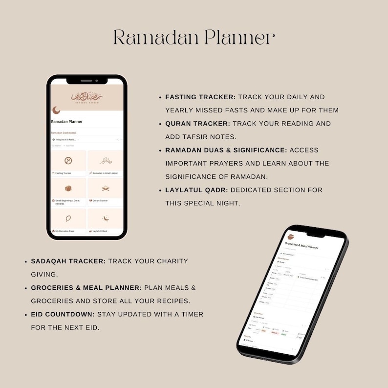 Comprehensive Ramadan planner in Notion, featuring a Fasting tracker, Quran tracker, meal planner, and Eid countdown.