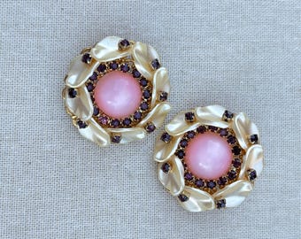 1950s Pink Shell Clip On Earrings: Amethyst Rhinestone Costume Jewelry