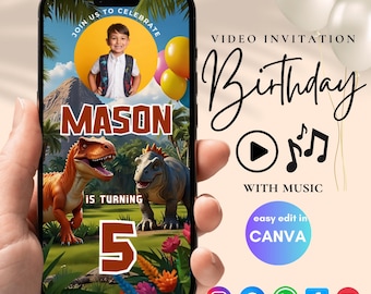 Kids Birthday Invite, Dinosaur Theme Party Video Invitation, Editable Canva Template, Digital Download