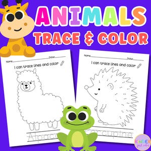 May include: Two black and white printable worksheets for children to trace and colour. The first worksheet features an alpaca and the second worksheet features a porcupine. The worksheets have the text "I can trace lines and colour" and "I can trace lines and colour" at the top. The worksheets also have space for the child's name and the date.