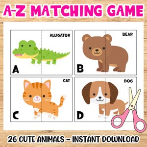 Jogo de correspondência de animais de A a Z, atividade de reconhecimento de letras do alfabeto para crianças, jardim de infância pré-escolar, cartões de aprendizagem, flashcard de combinação de imagens