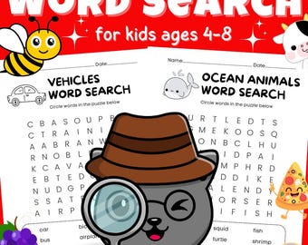 Op de afbeelding: Twee afdrukbare woordzoekpuzzels voor kinderen van 4 tot 8 jaar. De eerste puzzel bevat voertuigen en de tweede puzzel bevat zeedieren. Elke puzzel heeft een raster met letters met daarin verborgen woorden. De woorden staan ​​onder het raster. Een cartoondetective met een vergrootglas kijkt naar de puzzels.