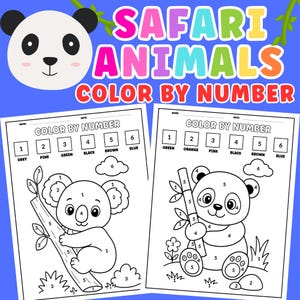 May include: Two printable color by number activity sheets featuring a koala on a branch and a panda with bamboo. The text reads SAFARI ANIMALS COLOR BY NUMBER. Each sheet includes a numbered color key with labels like GREY, PINK, GREEN, BLACK, BROWN, and BLUE.