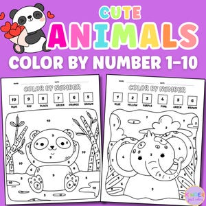 以下が含まれることがあります： かわいい動物が描かれた、印刷可能な塗り絵のページが2枚。1枚目は竹林にいるパンダ。2枚目は縞模様の鼻を持つゾウ。どちらのページにも、1から10までの数字を使った塗り絵のキーがあります。