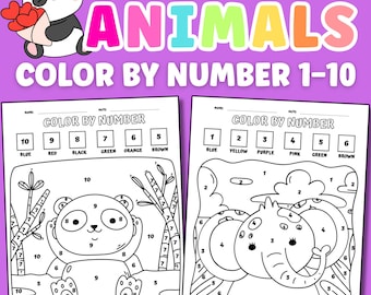 Cute Animals Color By Number, Kids Activity Book (Digital Download)