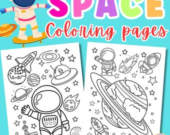 May include: Two black and white coloring pages featuring space-themed illustrations. The first page shows an astronaut, a rocket, a UFO, planets, and stars. The second page shows an astronaut, a planet with rings, a rocket, a comet, and stars. The text "SPACE Coloring pages" is at the top of the image.
