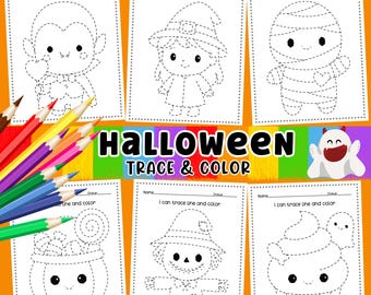 May include: A collection of Halloween-themed trace and color activity sheets. Each sheet features a different character, including a vampire, witch, mummy, pumpkin, scarecrow, and cupcake. The sheets are accompanied by a set of colorful pencils.