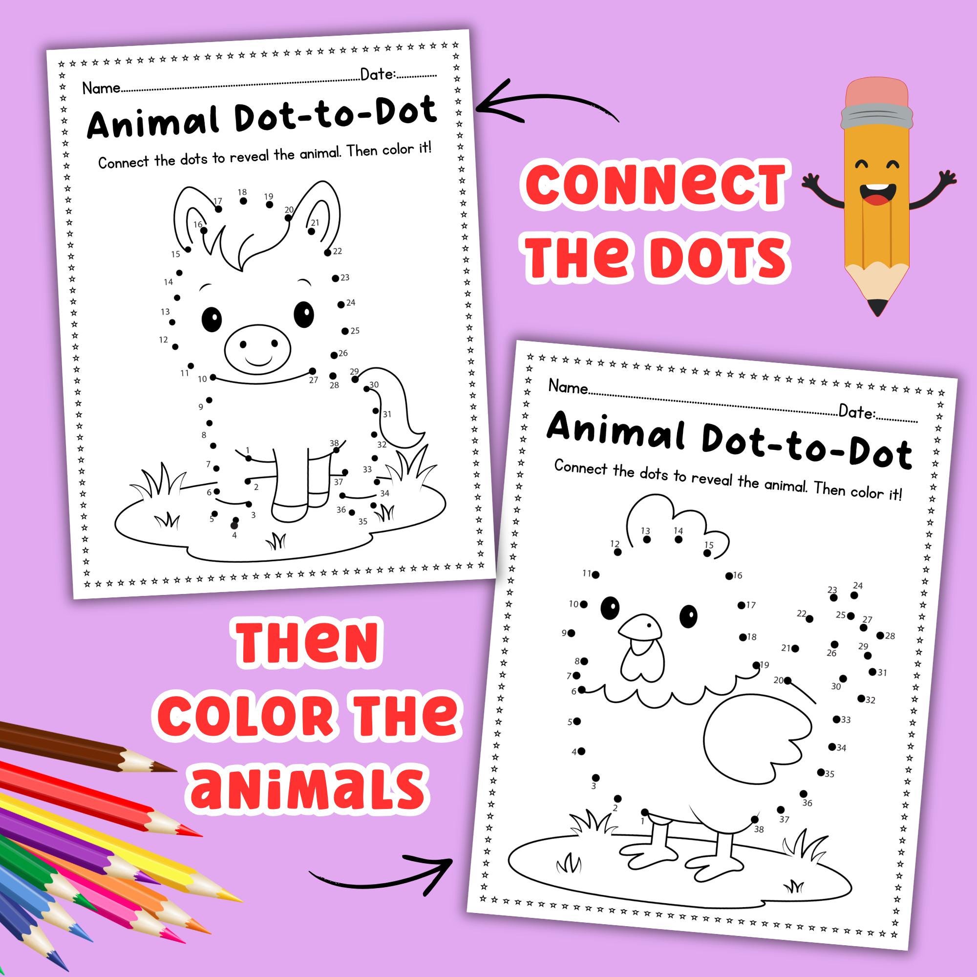 Connect And Color Animals Dot to Dot Worksheets, Connect the Dots, Kindergarten Coloring ...