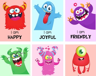 Positive Affirmationskarten mit Monstermotiven für Kinder (druckbar)