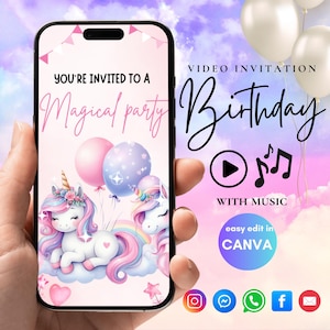Unicorn Birthday Video Invitation Girl Birthday Party Invite Kids Invitation Editable Template Girls Birthday Invite Animated Birthday Video