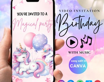 Magical Unicorn Birthday Video Invitation: Animated Party Invite for Girls, Canva Template (Digital Download)