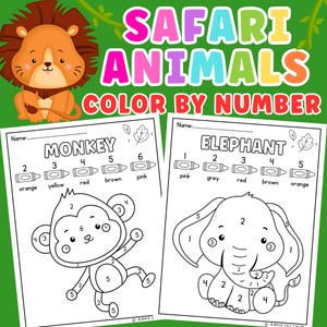 May include: A colorful educational worksheet set featuring safari animals. The image includes a lion illustration and two coloring pages: a monkey and an elephant. Each page has numbers to guide coloring with crayons.