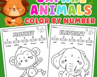 Animales de safari para colorear por números: Hoja de trabajo imprimible educativa (Descarga PDF)