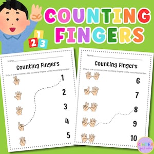 Könnte beinhalten: Lehrblatt für Kinder mit dem Titel "Counting Fingers" mit Illustrationen von Händen und den Zahlen 1-10. Das Arbeitsblatt soll Kindern helfen, das Zählen zu lernen. Ein Cartoon-Junge und die Worte "COUNTING FINGERS" stehen oben.