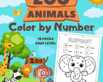 Animales del zoológico para colorear por números: Hojas de trabajo educativas imprimibles (PDF)