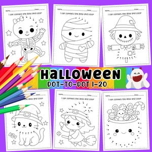 May include: A collection of Halloween-themed dot-to-dot activity pages. Each page features a different character, including a skeleton, mummy, scarecrow, cat, witch, and a bowl of candy. The title "Halloween Dot-to-Dot I-20" is displayed in the center.