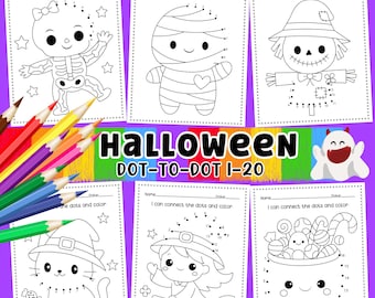 May include: A collection of Halloween-themed dot-to-dot activity pages. Each page features a different character, including a skeleton, mummy, scarecrow, cat, witch, and a bowl of candy. The title "Halloween Dot-to-Dot I-20" is displayed in the center.