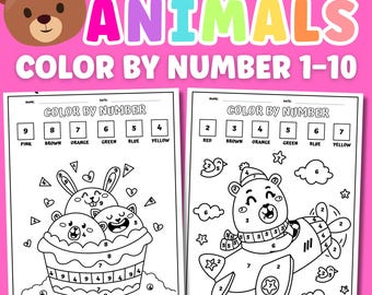 Cute Animals Color By Number, Kids Activity, Printable Worksheet (Digital Download)