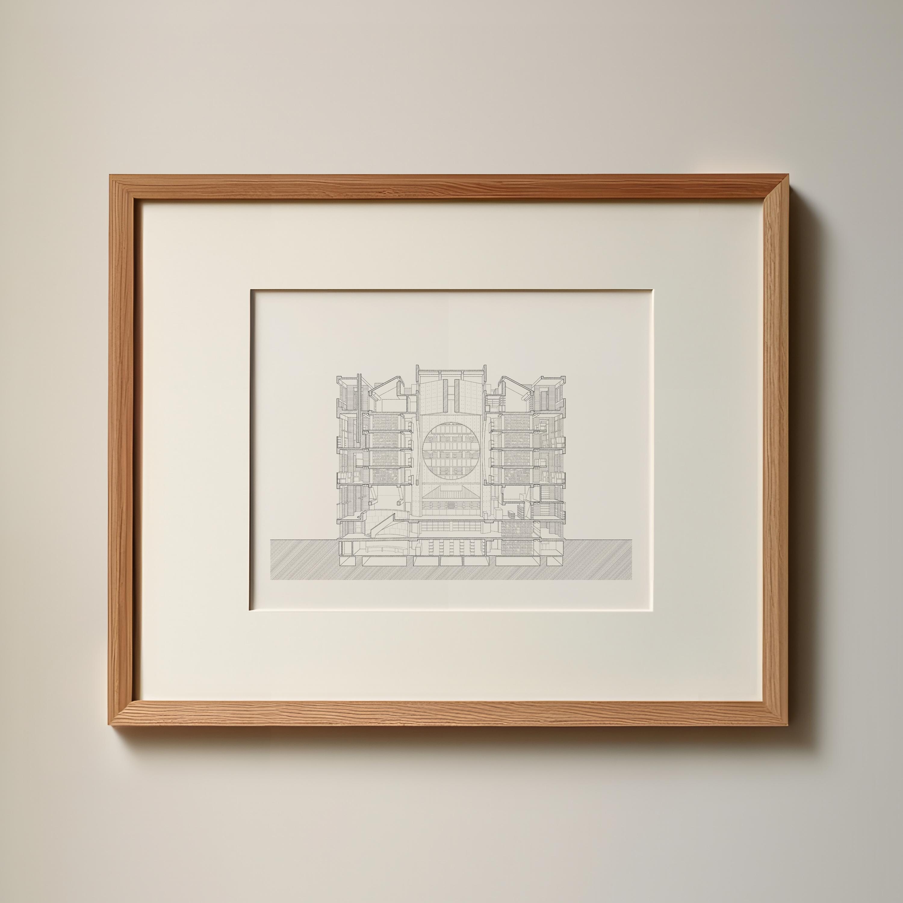 Hand-Drawn Art | Architectural Perspective Section Poster | Louis Kahn Library | Interior art | Modern architecture wall decor