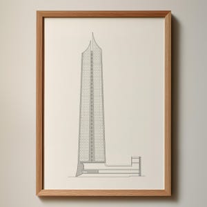 May include: A framed architectural print featuring a detailed line drawing of a tall skyscraper. The building has a unique, tapered design with a pointed top. The print is in a natural wood frame, set against a neutral background.