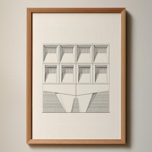 May include: Framed architectural print. The monochrome artwork shows a building facade with a repeating pattern of square openings. The drawing uses shading to create depth and texture. The frame is made of natural wood.