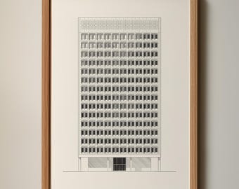 Lámina de arte brutalista, dibujo arquitectónico a mano de Marcel Breuer, arte mural brutalista, regalo para arquitecto, edificio modernista