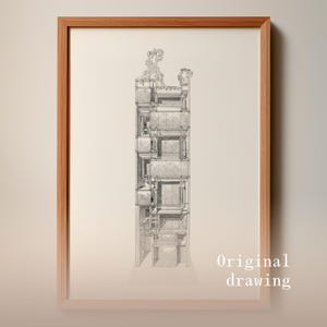 May include: A framed pencil sketch of a tall building with detailed architectural elements. The artwork is presented in a wooden frame and includes the text "Original drawing". The drawing is in monochrome shades of grey and white.