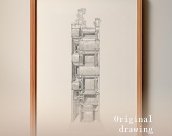 Oryginalny rysunek budynku Modulightor, oryginalna sztuka rysowana ręcznie, architektura Paula Rudolpha, rysunek tuszem w Nowym Jorku, wyjątkowa sztuka architektoniczna