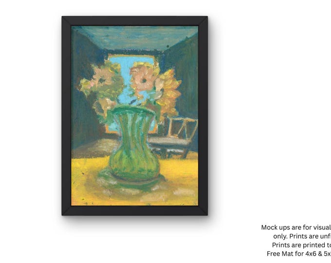 Sunlit Bouquet Oil Painting Print, Impressionist Floral Still Life, Green Vase Art, Small Wall Decor, Flower Painting, Gift for Her, 5x7