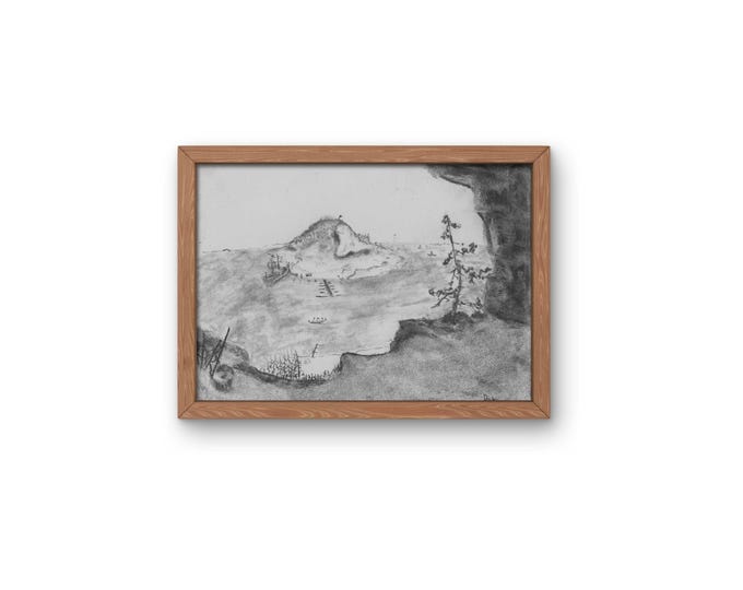 Charcoal Fantasy Art print, Pirate Cove 4x6 unframed abstract illustration black and white