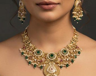 Bridal Green Kundan Necklace Set | Gold Plated Indian Wedding Jewelry | Pearl Beaded Choker Set