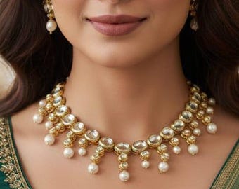 Bridal Kundan Pearl Necklace Set | Gold Plated Polki Choker | Indian Wedding Jewelry